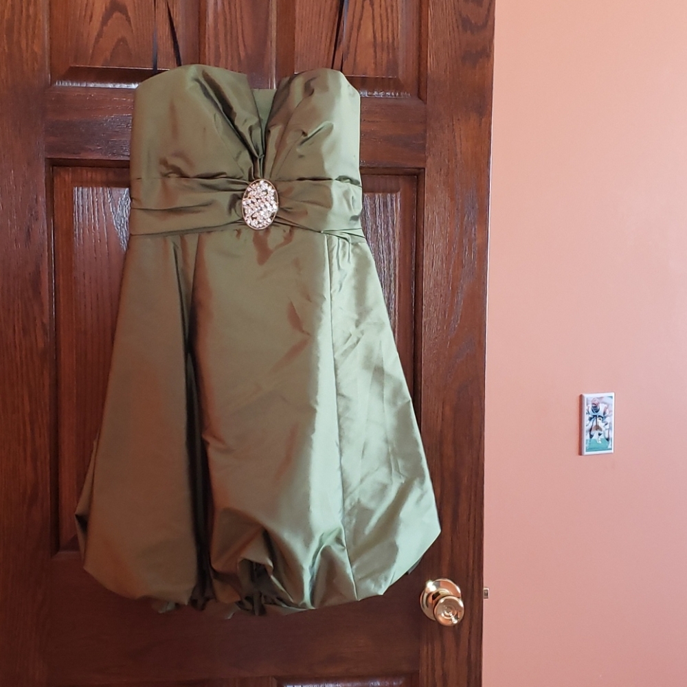 Betsy & Adam Strapless Olive Dress with Embellishment